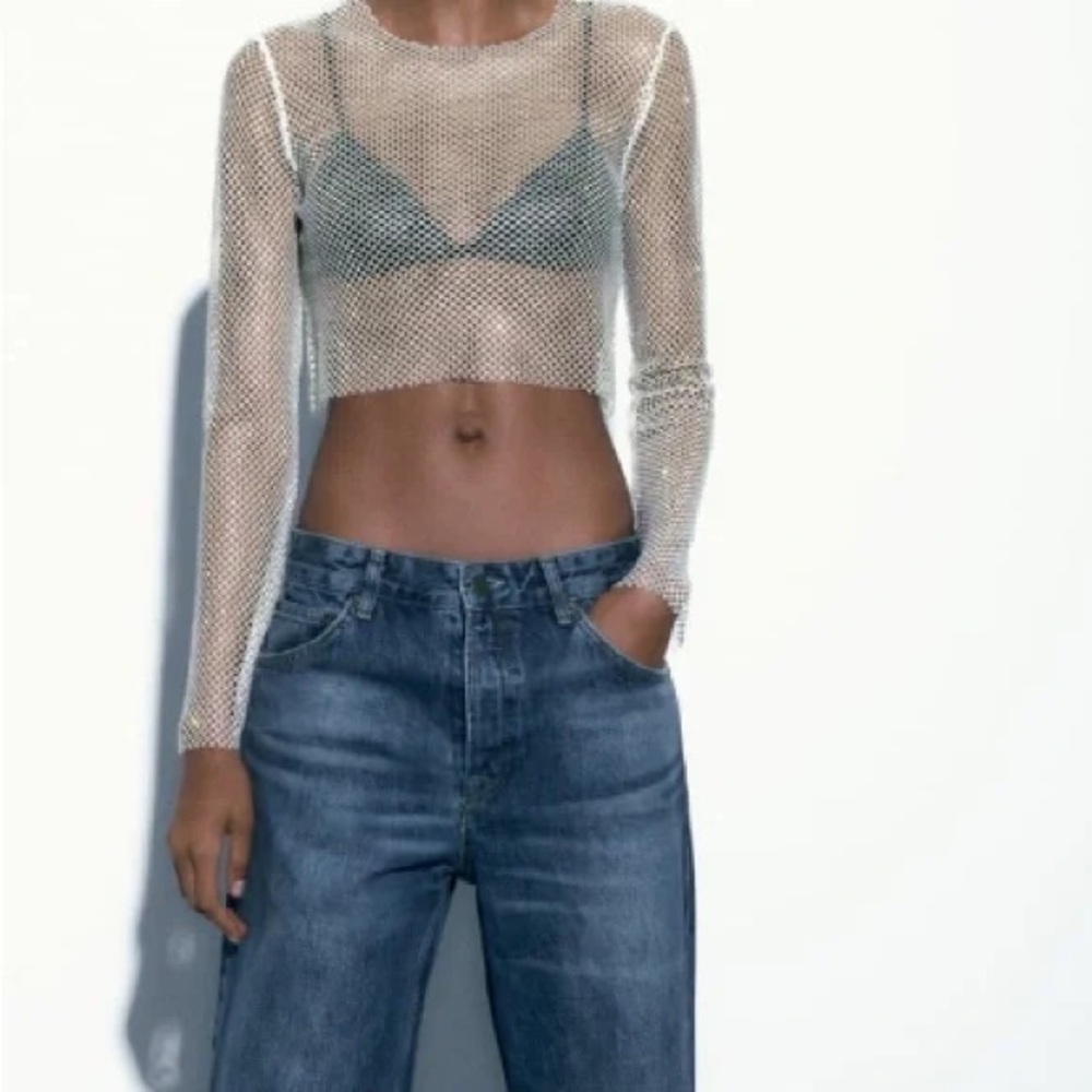 ZARA Sheer Diamond Mesh Long Sleeve Crop Top Size Small